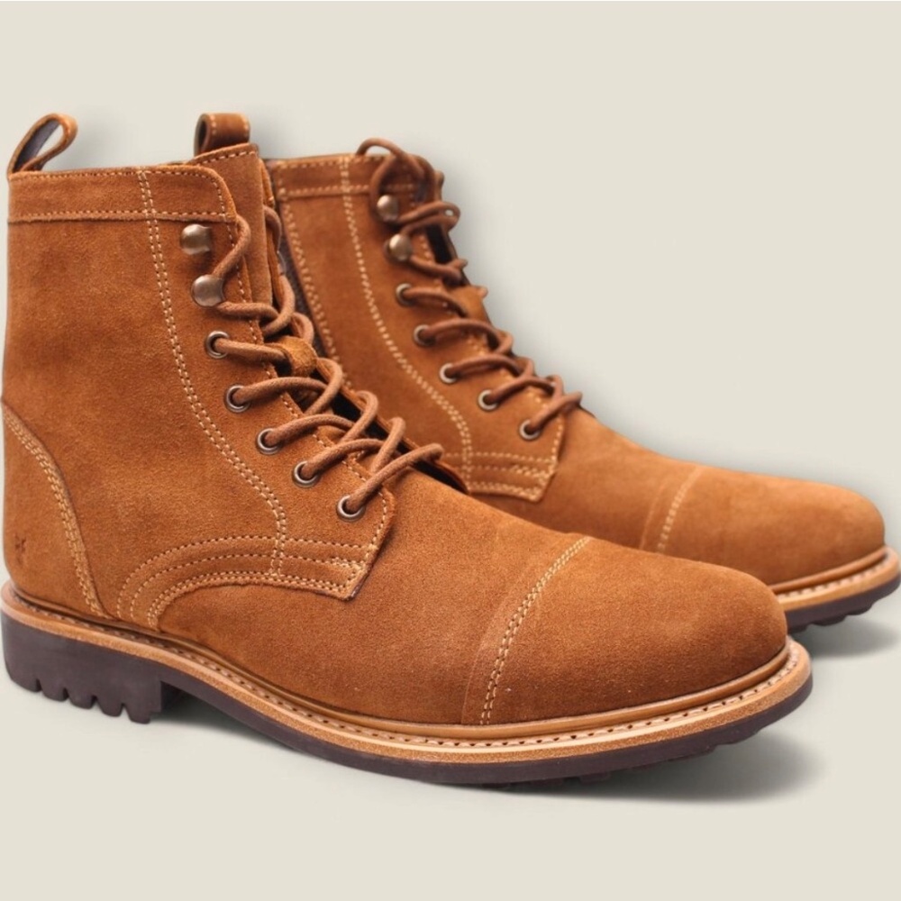 Brand New! Mens Frye Russell Lace-Up Suede Boots w side zipper in tan S-8 - Picture 8 of 13